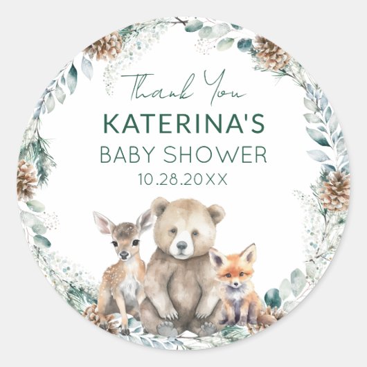かわいいウッドランド動物の赤ちゃんシャワーありがとう ラウンドシール (正面)
