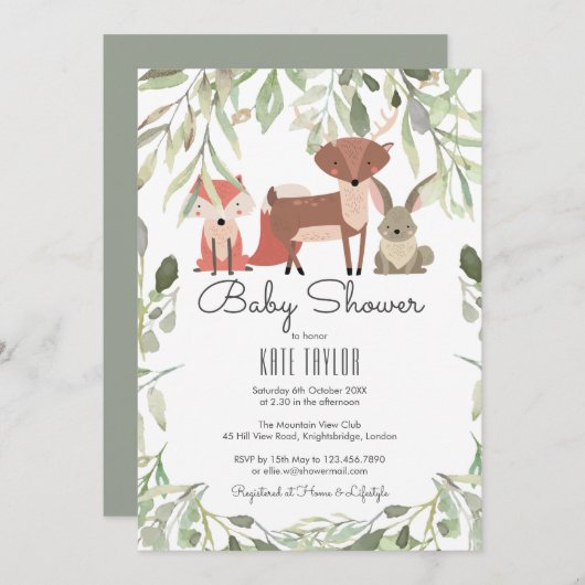 かわいいウッドランド動物の赤ちゃんシャワー散水 招待状 (正面/裏面)