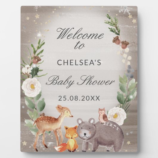 かわいいウッドランド動物の赤ちゃんシャワー歓迎サイン フォトプラーク (正面)