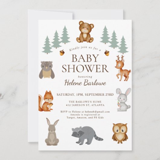 かわいいウッドランド動物の赤ちゃんシャワー 招待状 (正面)