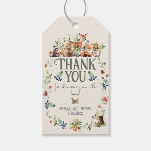 かわいいウッドランド動物アドベンチャーニュートラルベビーシャワー ギフトタグ (正面)