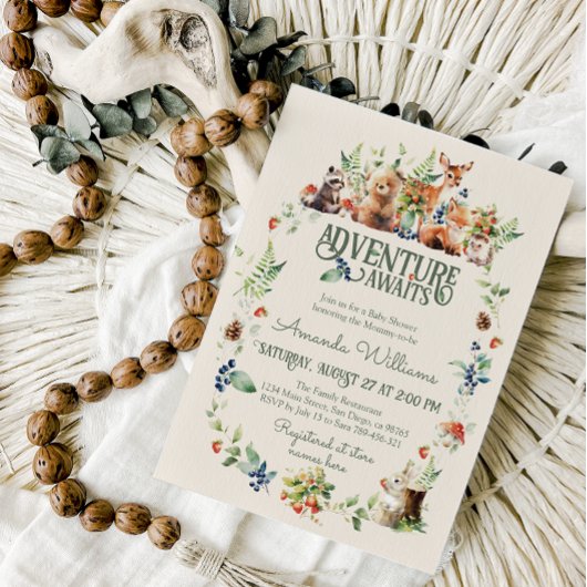 かわいいウッドランド動物アドベンチャーニュートラルベビーシャワー 招待状