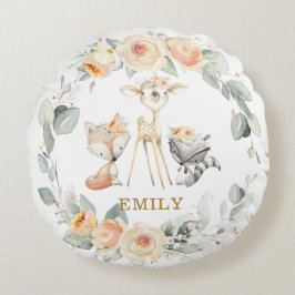 かわいいウッドランド動物イエローフローラ緑 ラウンドクッション