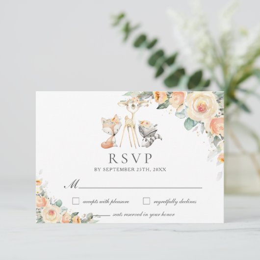 かわいいウッドランド動物イエローフローラ緑 出欠カード (スタンド正面)