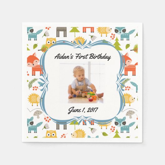 かわいいウッドランド動物カスタムの写真パーティーナプキンス スタンダードカクテルナプキン (正面)