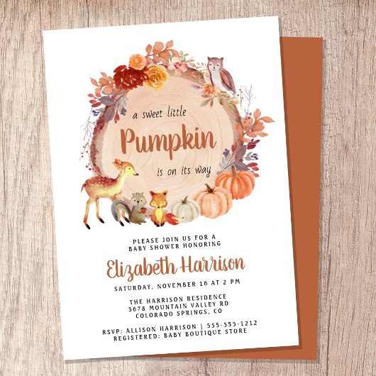 かわいいウッドランド動物カボチャ赤ちゃんシャワー 招待状