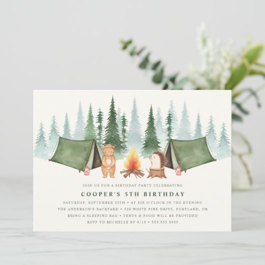 かわいいウッドランド動物キャンプ誕生日パーティー 招待状 (スタンド正面)