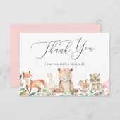 かわいいウッドランド動物ピンクのフローラ女の子ベビーシャワー サンキューカード (正面/裏面)