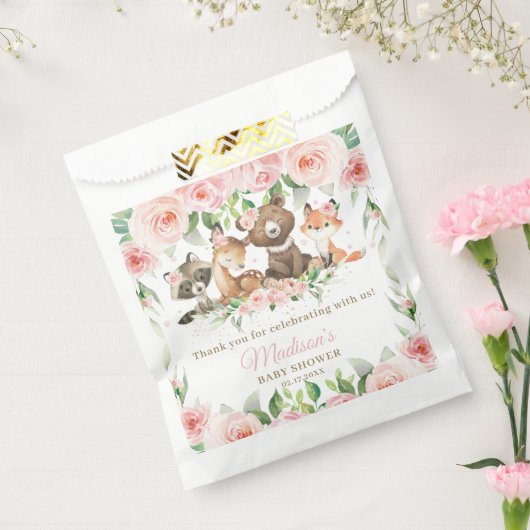かわいいウッドランド動物ピンクのフローラ女の子ベビーシャワー フェイバーバッグ (封をした状態)