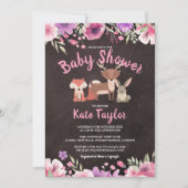 かわいいウッドランド動物ピンクのフローラ赤ちゃんシャワー 招待状 (正面)