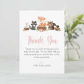 かわいいウッドランド動物ピンクの赤ちゃんシャワー サンキューカード (スタンド正面)