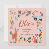 かわいいウッドランド動物ピンク色の誕生発表 サンキューカード (正面)