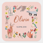 かわいいウッドランド動物ピンク色の赤ちゃんシャワー スクエアシール (正面)