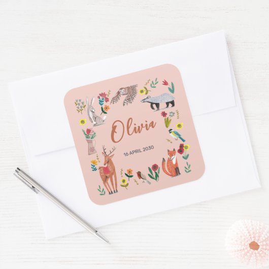 かわいいウッドランド動物ピンク色の赤ちゃんシャワー スクエアシール (封筒)