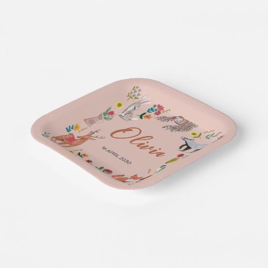 かわいいウッドランド動物ピンク色の赤ちゃんシャワー ペーパープレート (傾斜あり)