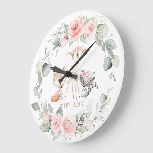 かわいいウッドランド動物フローラ緑の女の子子供部屋 ラージ壁時計 (傾斜)