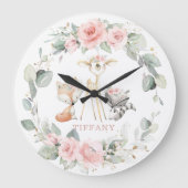 かわいいウッドランド動物フローラ緑の女の子子供部屋 ラージ壁時計 (正面)