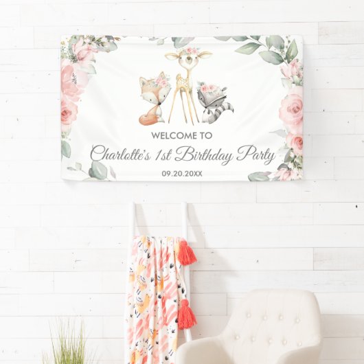 かわいいウッドランド動物フローラ誕生日背景 横断幕 (インサイチュ)