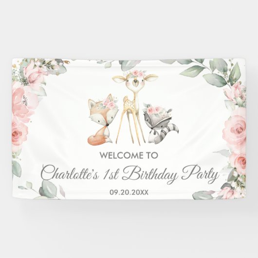 かわいいウッドランド動物フローラ誕生日背景 横断幕 (横)