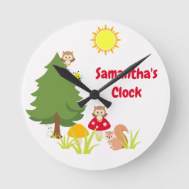 かわいいウッドランド動物リス&フクロウベビー子供部屋 ラウンド壁時計