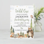 かわいいウッドランド動物ワイルド1歳の誕生日 招待状 (スタンド正面)