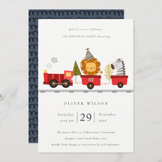 かわいいウッドランド動物列車任意の年齢誕生日招待状 サンキューカード (正面/裏面)