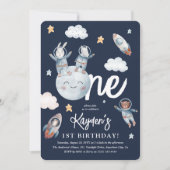 かわいいウッドランド動物宇宙1歳の誕生日 招待状 (正面)