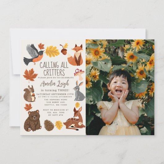 かわいいウッドランド動物秋の写真子供の誕生日 招待状 (正面)