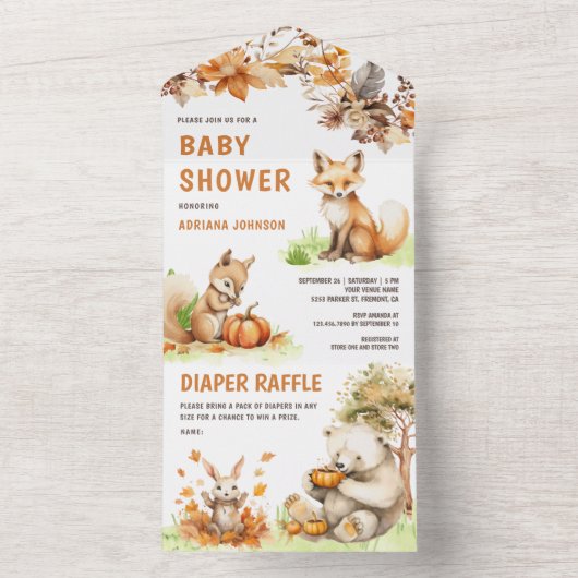かわいいウッドランド動物秋秋の赤ちゃんシャワー オールインワン招待状 (内側)