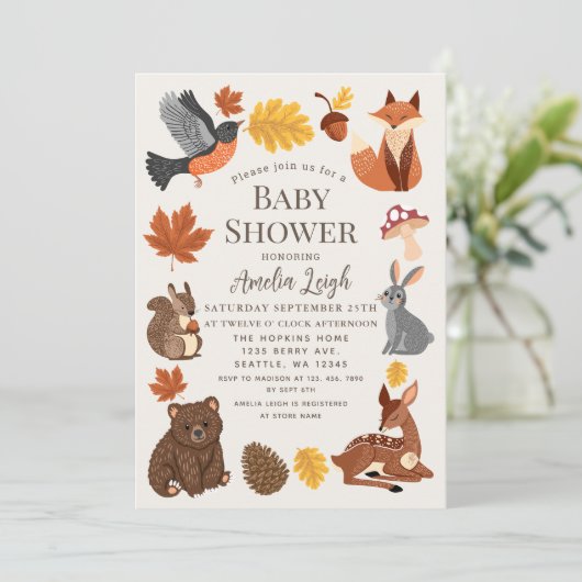 かわいいウッドランド動物秋秋の赤ちゃんシャワー 招待状 (スタンド正面)