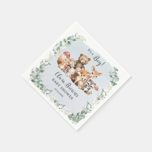 かわいいウッドランド動物緑の少年の赤ちゃんシャワー スタンダードカクテルナプキン (角)