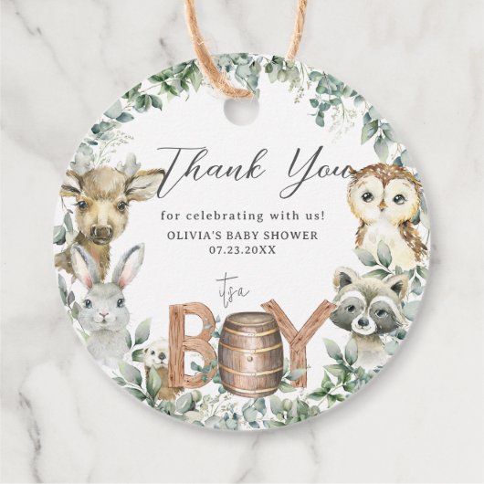 かわいいウッドランド動物緑の少年の赤ちゃんシャワー フェイバータグ (裏面)