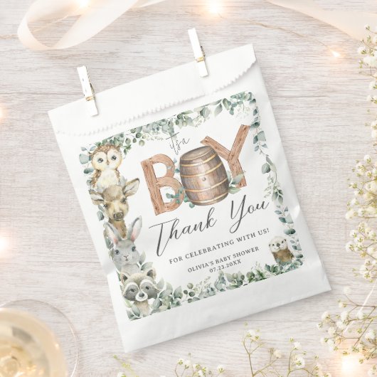 かわいいウッドランド動物緑の少年の赤ちゃんシャワー フェイバーバッグ (クリップ留めされた状態)