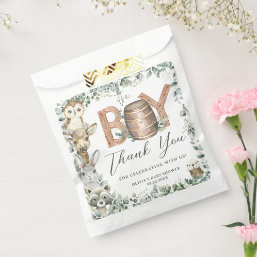 かわいいウッドランド動物緑の少年の赤ちゃんシャワー フェイバーバッグ (封をした状態)