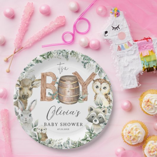 かわいいウッドランド動物緑の少年の赤ちゃんシャワー ペーパープレート (パーティー)