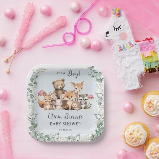 かわいいウッドランド動物緑の少年の赤ちゃんシャワー ペーパープレート (パーティー)