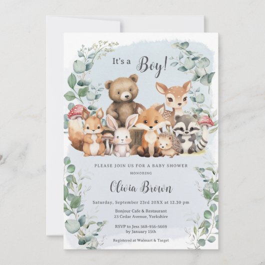 かわいいウッドランド動物緑の少年の赤ちゃんシャワー 招待状 (正面)