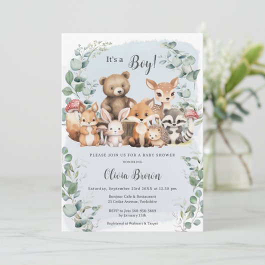 かわいいウッドランド動物緑の少年の赤ちゃんシャワー 招待状 (スタンド正面)