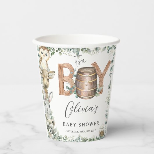 かわいいウッドランド動物緑の少年の赤ちゃんシャワー 紙コップ (正面)