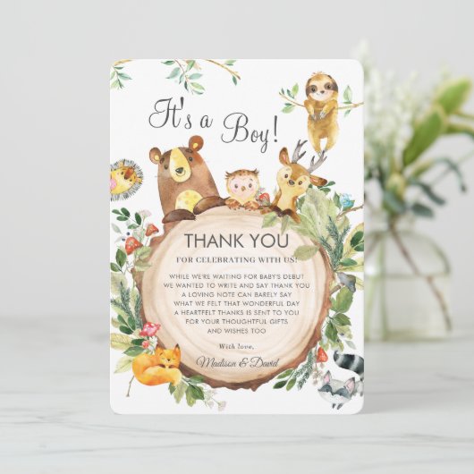 かわいいウッドランド動物緑の赤ちゃんシャワーニュートラル サンキューカード (スタンド正面)