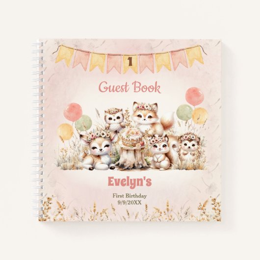 かわいいウッドランド動物1stバースデーガールゲストブック ノートブック (正面)