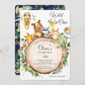 かわいいウッドランド動物1st誕生日パーティーワイルドワン 招待状 (正面/裏面)