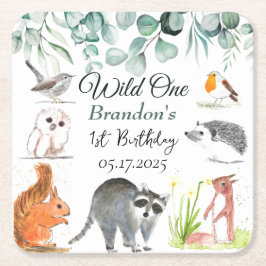 かわいいウッドランド動物1st誕生日ワイルドワン スクエアペーパーコースター
