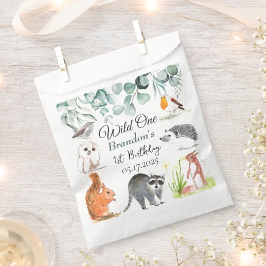 かわいいウッドランド動物1st誕生日ワイルドワン フェイバーバッグ (クリップ留めされた状態)