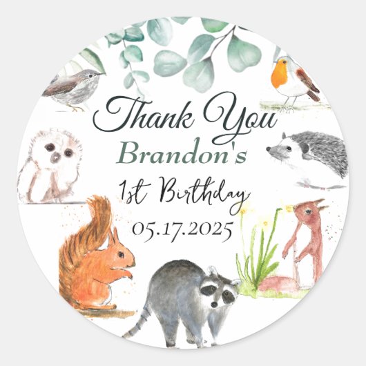 かわいいウッドランド動物1st誕生日ワイルドワン ラウンドシール (正面)