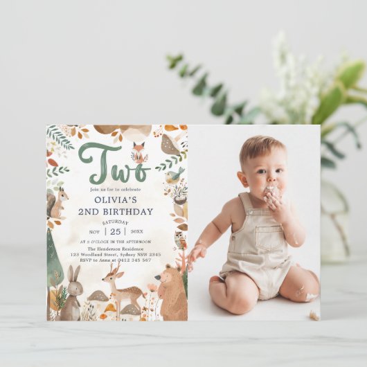 かわいいウッドランド動物2nd誕生日パーティー写真 招待状 (スタンド正面)