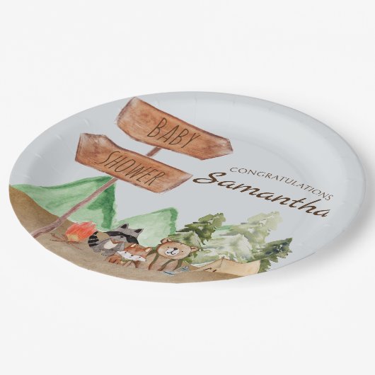 かわいいウッドランド森林動物キャンプ赤ちゃんシャワー ペーパープレート (アングル)