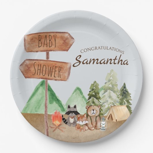 かわいいウッドランド森林動物キャンプ赤ちゃんシャワー ペーパープレート (正面)