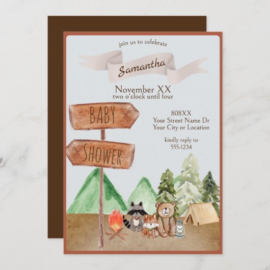 かわいいウッドランド森林動物キャンプ赤ちゃんシャワー 招待状 (正面/裏面)