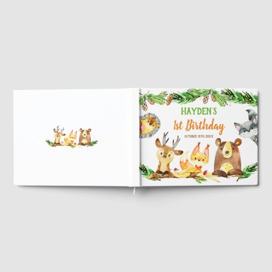 かわいいウッドランド森林生き物の水彩誕生日 ゲストブック (全面)
